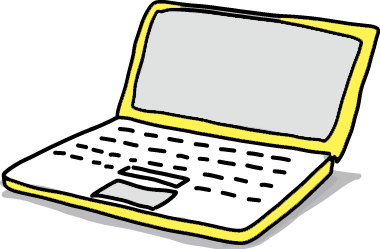 Zu sehen ist eine Grafik eines geöffneten Laptops mit einem Bildschirm und einer Tastatur in der Farbe Gelb.