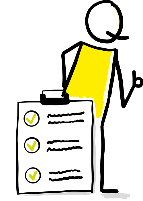 Zu sehen ist eine Grafik einer Person, gezeichnet mit Strichen. Die Person hält eine Liste in der Hand, welcher das Impressum darstellen soll.