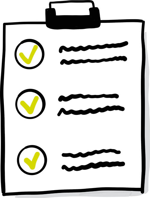 Zu sehen ist eine Grafik eines Klemmbretts, welches ein Papierbogen einspannt. Auf dem Blatt Papier sind Kreise mit Haken gezeichnet. Daneben wurden Linien gezogen, die etwas Geschriebenes darstellen sollen.