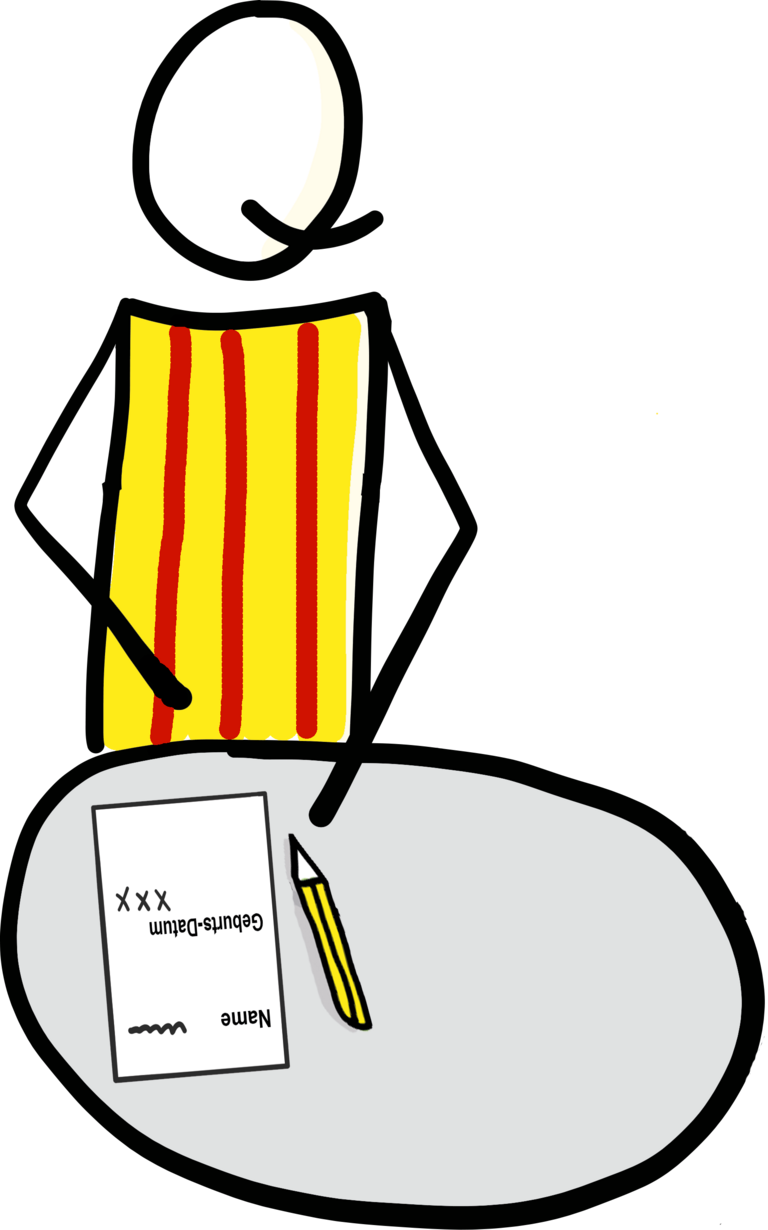 Zu sehen ist eine Grafik einer Person. Sie wurde mit Strichen gemalt und trägt ein geld-rot gestreiftes Oberteil. Die Person steht an einem runden Tisch, auf dem ein Blatt Papier und ein Bleistift liegt.