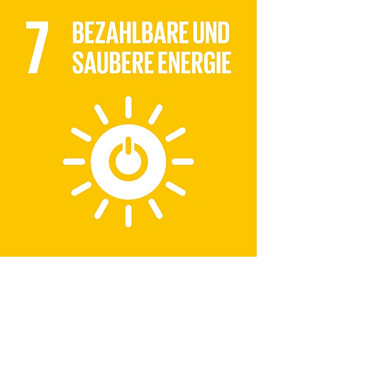 Icon für SDG 7 bezahlbare und saubere Energie, dargestellt wird eine Sonne auf gelbem Hintergrund.