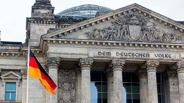 Reichstagsgebäude in Berlin mit der Inschrift „Dem Deutschen Volke“