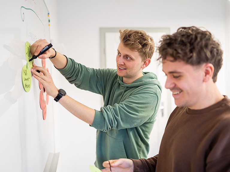 Zwei Männer arbeiten an einer Tafel und sammeln Ideen.