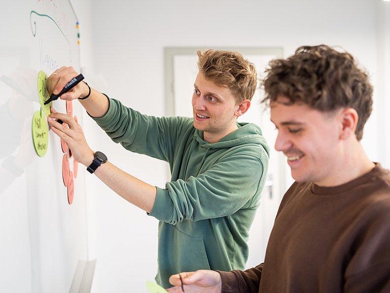 Zwei Männer arbeiten an einer Tafel und sammeln Ideen.