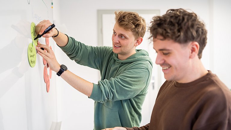 Zwei Männer arbeiten an einer Tafel und sammeln Ideen.