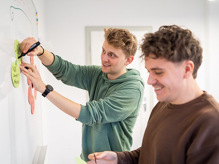 Zwei Männer arbeiten an einer Tafel und sammeln Ideen.