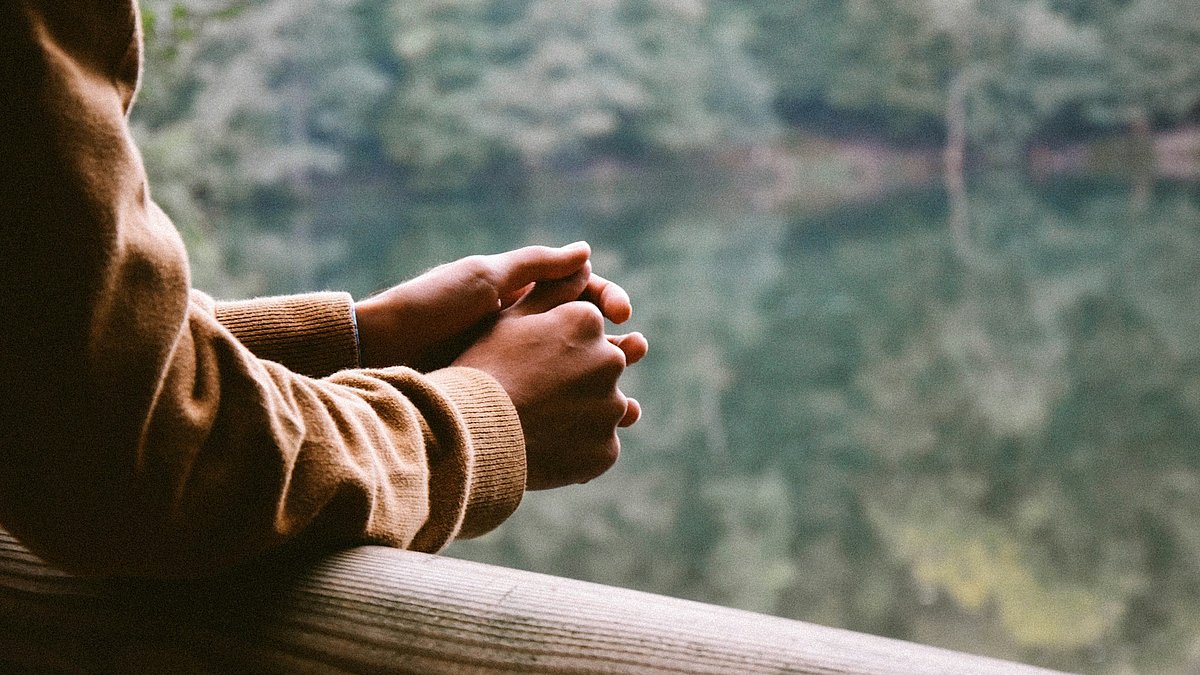 Eine Person lehnt an einem Geländer und schaut auf einen See