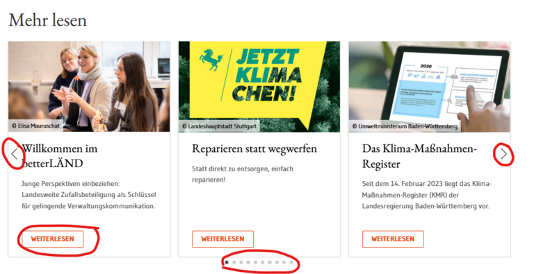 Der Screenshot zeigt drei Artikel. Rot umrandet sind die Pfeiltasten und der Weiterlesen-Button.