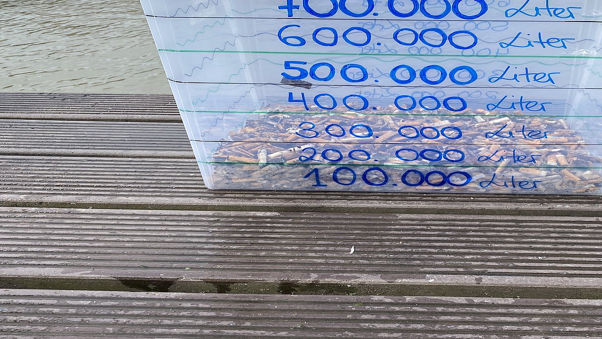 Kiste mit den gesammelten Zigarettenstummeln