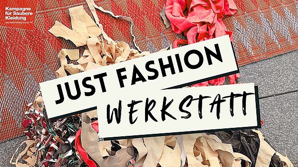 Stoffreste auf dem Boden mit der Aufschrift „Just Fashion Werkstatt“