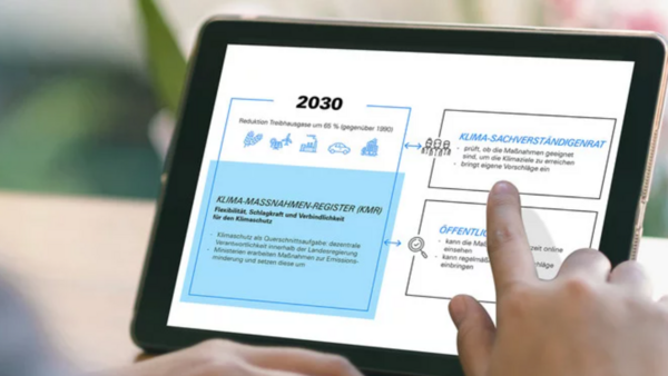 Ein Ausschnitt des Klimamaßnahmen-Registers auf einem iPad, während eine Hand darauf tippt.