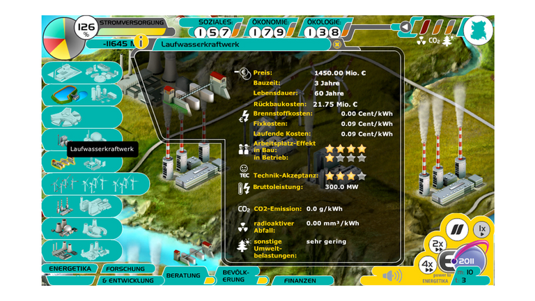 Szene aus dem Energiespiel: Übersicht der Vor- und Nachteile des Baus eines Wasserkraftwerks
