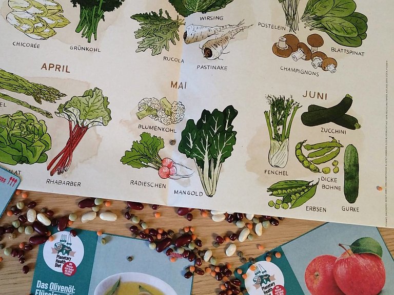 Ein Saisonkalender liegt auf einem Tisch, umgeben von Bohnen und verschiedenen anderen Samen.