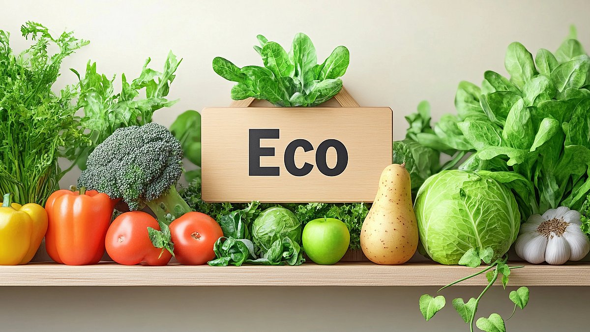 Der Schriftzug Eco wird von Gemüse umgeben.