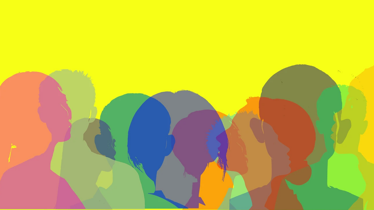 Vektor-Grafik: halb-transparente Köpfe in unterschiedlichen kräftigen Farben auf gelbem Hintergrund  