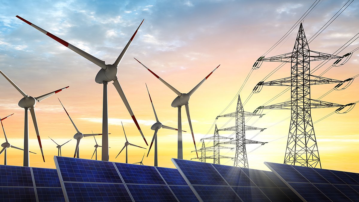 Solaranlagen, Windräder und Netze repräsentieren die Energiewende