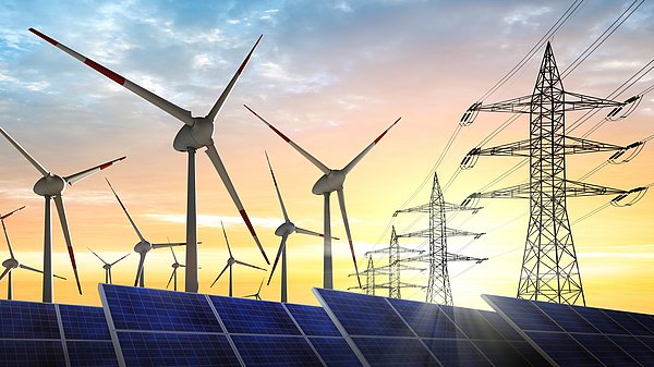 Solaranlagen, Windräder und Netze repräsentieren die Energiewende