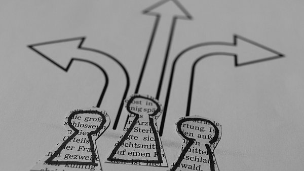 Drei Spielfiguren aus Papier mit Wegweisern in unterschiedliche Richtungen 