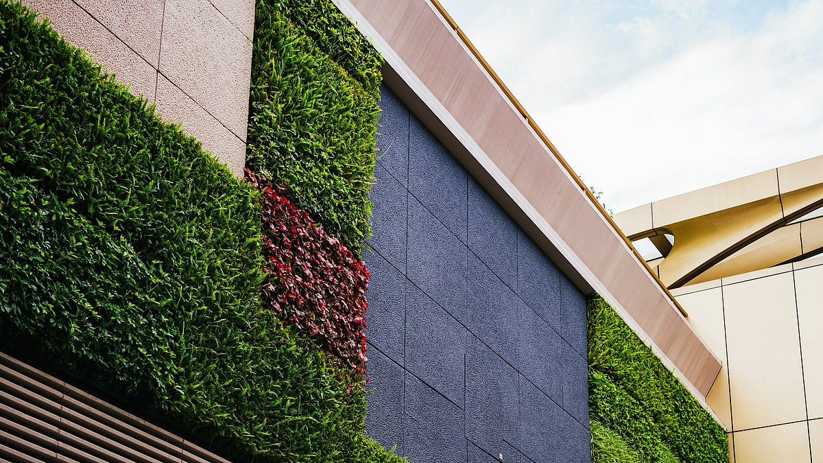 Gebäude mit einer teilweise von Grünpflanzen bedeckten Fassade