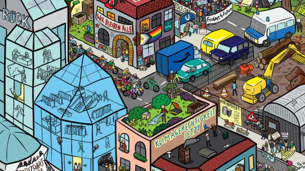 Illustrierter Bildausschnitt einer Stadt als Wimmelbild zum Thema Klimagerechtigkeit