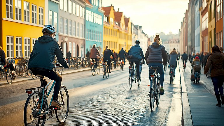 Eine Gruppe von Menschen radelt durch Kopenhagen. 