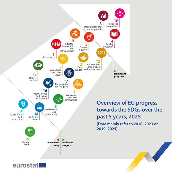 Die SDGs sind auf einem Pfeil so angeordnet, dass man erkennt, welche zwischen 2019 - 2024 signifikanten Fortschritt verzeichnen.  Das sind die SDGs 10, 8 und 4. Moderaten Fortschritt gibt es bei 5, 9, 12, 1, 7, 17, 1113, 16 und 3. Geringen Fortschritt, Stillstand oder Rückschritt bei SDG 14, 6 und 15.