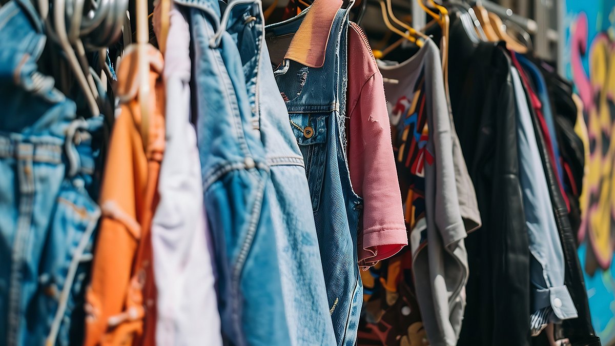 Kleidung hängt auf einer Kleiderstange.