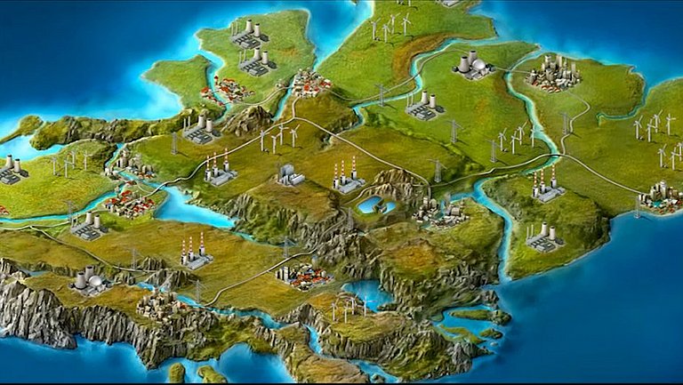 Blick aus der Vogelperspektive auf das fiktive Land Energetika