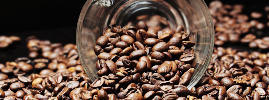 Kaffeebohnen und Glastasse